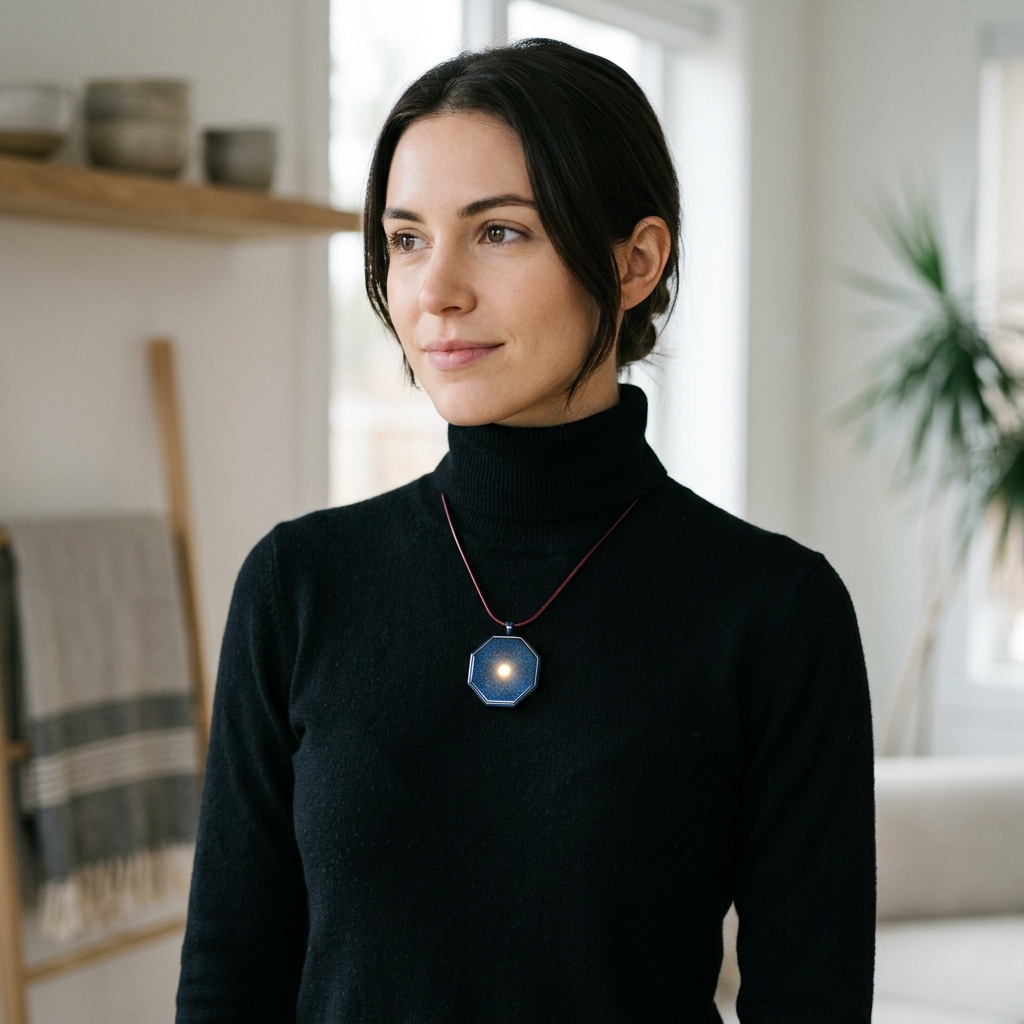 Person wearing Quavil pendant with a black turtleneck